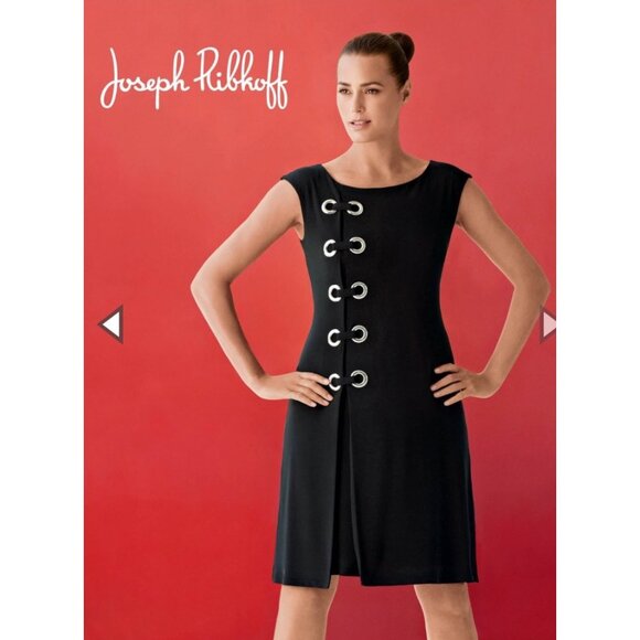 Joseph Ribkoff Black Grommet Dress Sz 14 Y2K‎ Mod - Picture 1 of 5